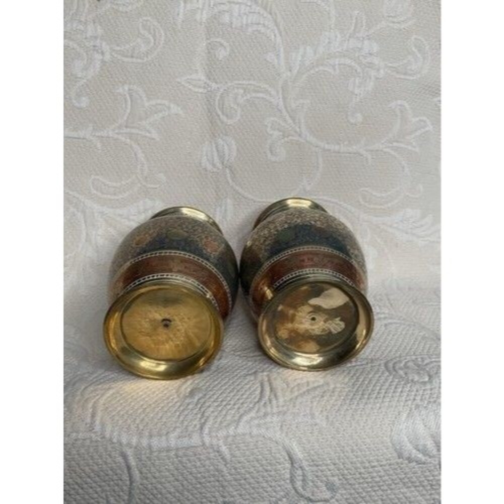 VTG Hand Engraving MultiFloral Set of 2 Mini Etched Brass Bud Vases 5” Tall Gold - Picture 4 of 14